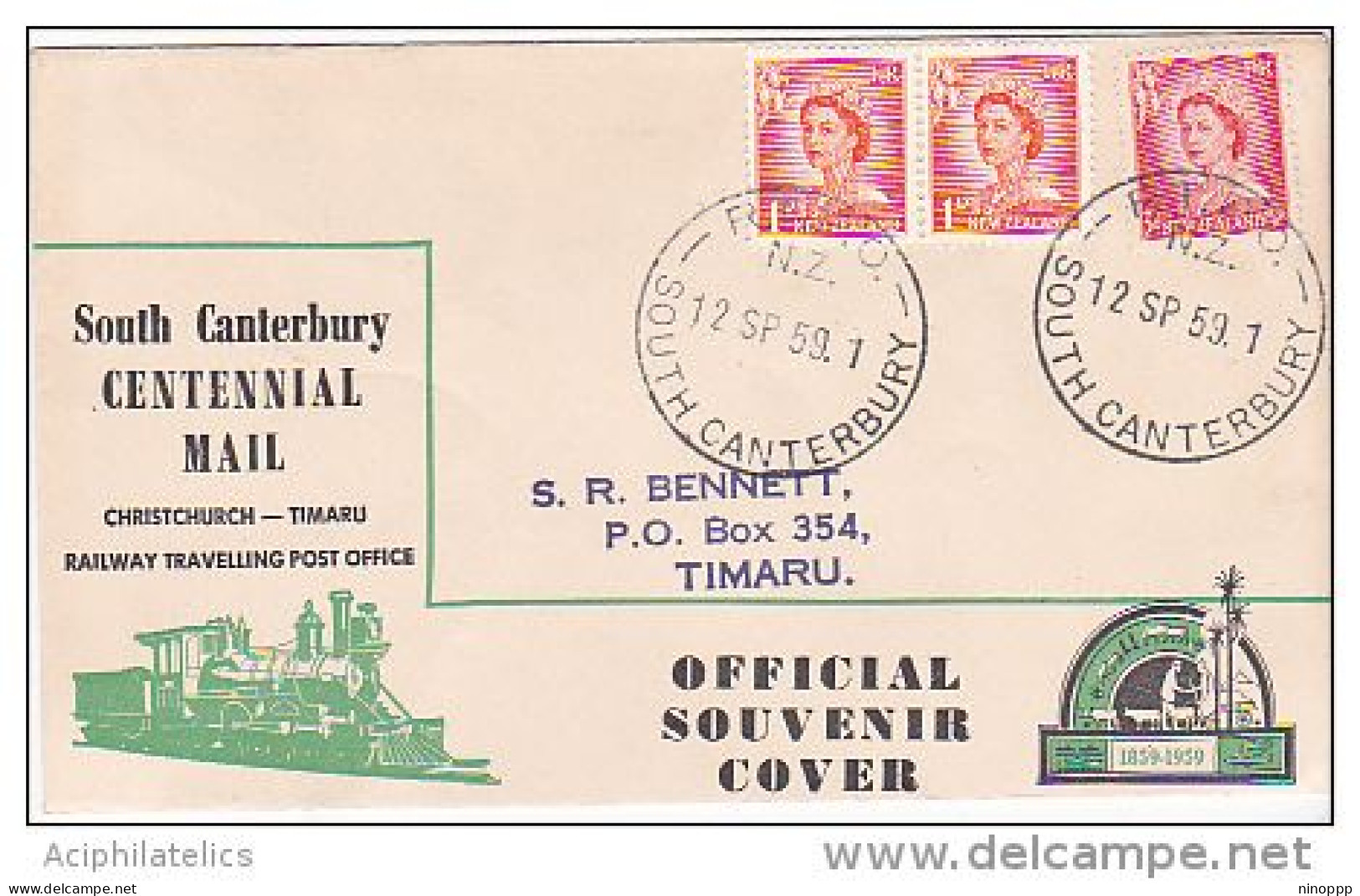 New Zealand 1959 South Cantrerbury Centennial Mail Railway Mail Souvenir Cover - Used Stamps