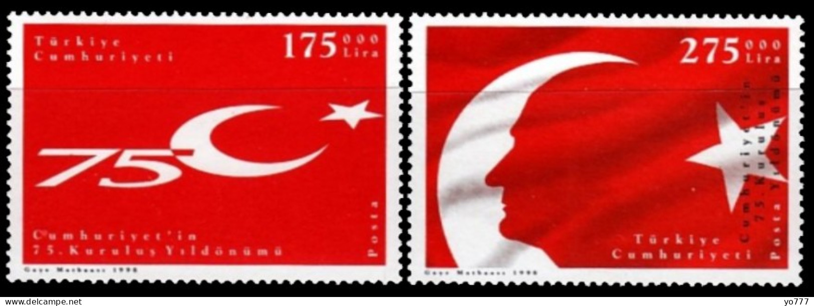 (3159-60) TURKEY 75th ANNIVERSARY OF THE FOUNDATION OF TURKISH REPUBLIC FLAG MNH** - Unused Stamps