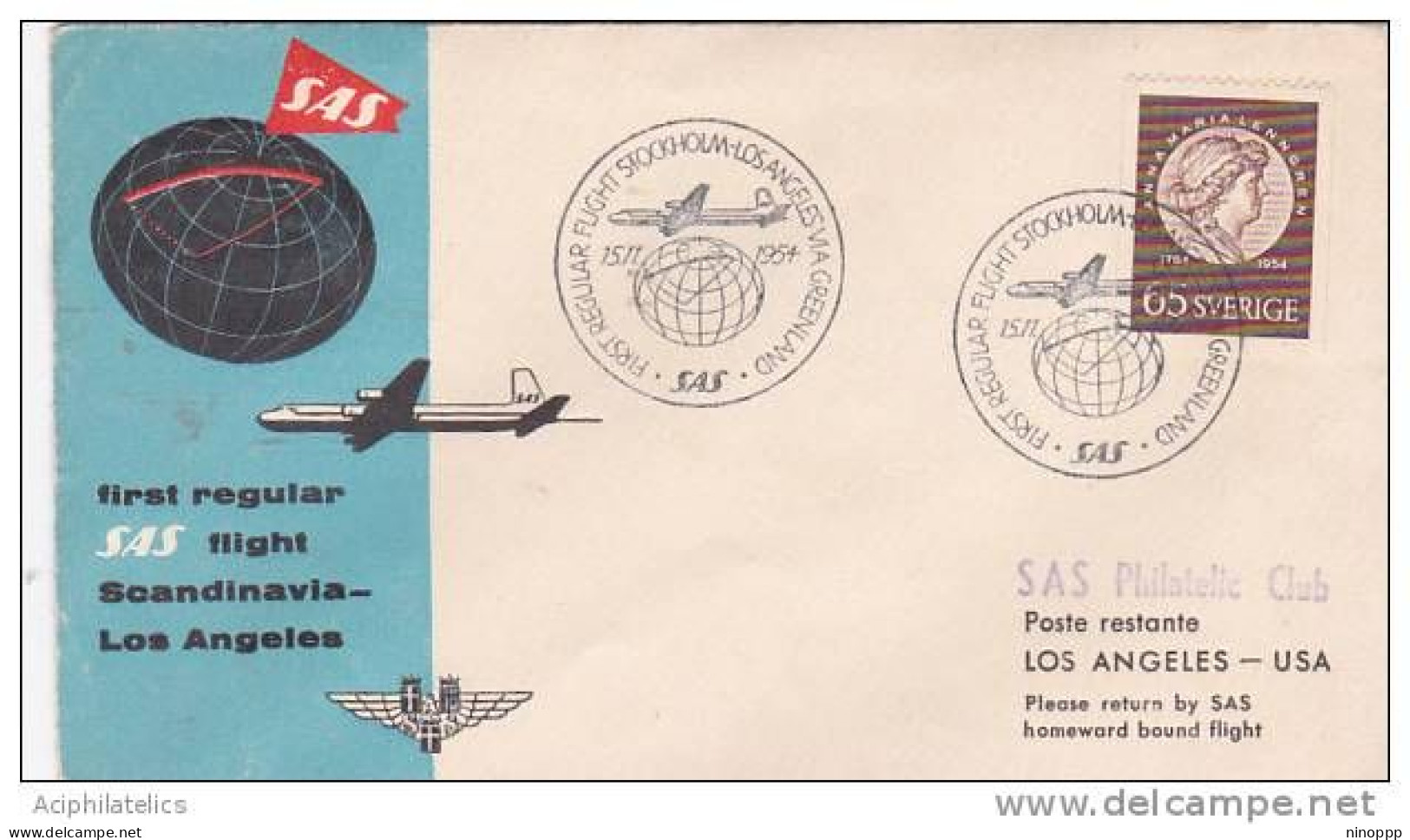 Sweden 1954 FFC Stockolm Los Angeles By SAS - Briefe U. Dokumente