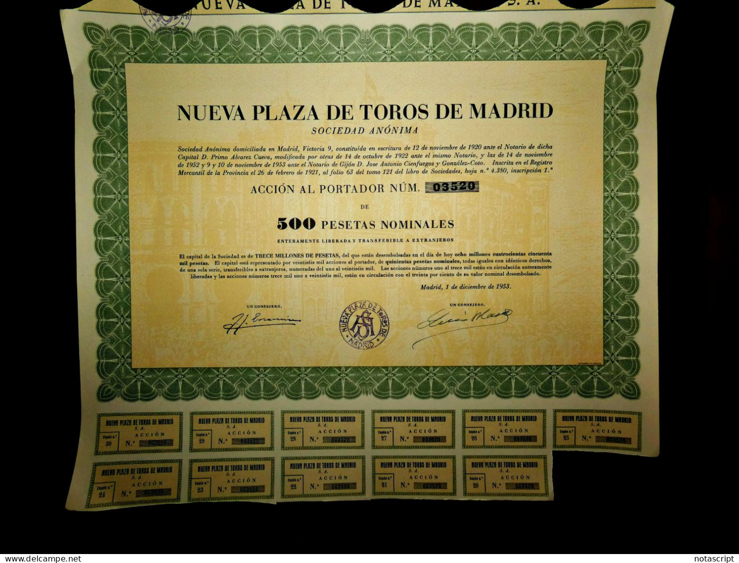Nueva Plaza De Toros De Madrid ,Spain 1953. Bullring Share Certificate - Sport