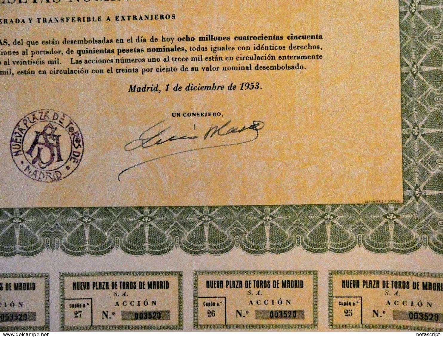 Nueva Plaza De Toros De Madrid ,Spain 1953. Bullring Share Certificate - Deportes