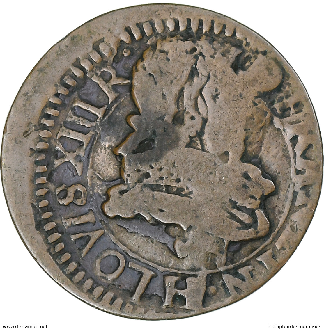 France, Louis XIII, Double Tournois, 1632, La Rochelle, Cuivre, TB, CGKL:304 - 1610-1643 Luis XIII El Justo