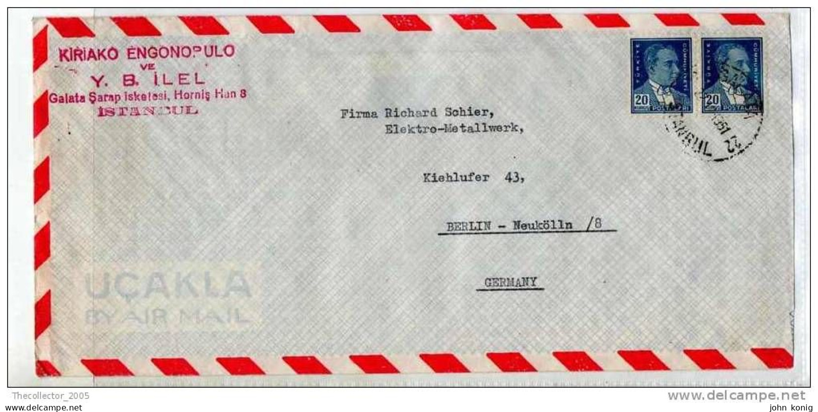 LETTERA ANNI '50 DA TURCHIA A GERMANIA (BERLINO) - LETTER (OF '50s) FROM TURKEY TO GERMANY-BERLIN - FDC