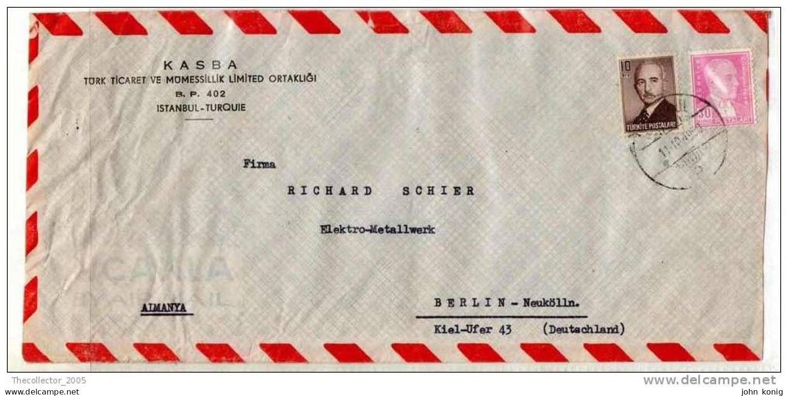 LETTERA ANNI '50 DA TURCHIA A GERMANIA (BERLINO) - LETTER (OF '50s) FROM TURKEY TO GERMANY-BERLIN - FDC