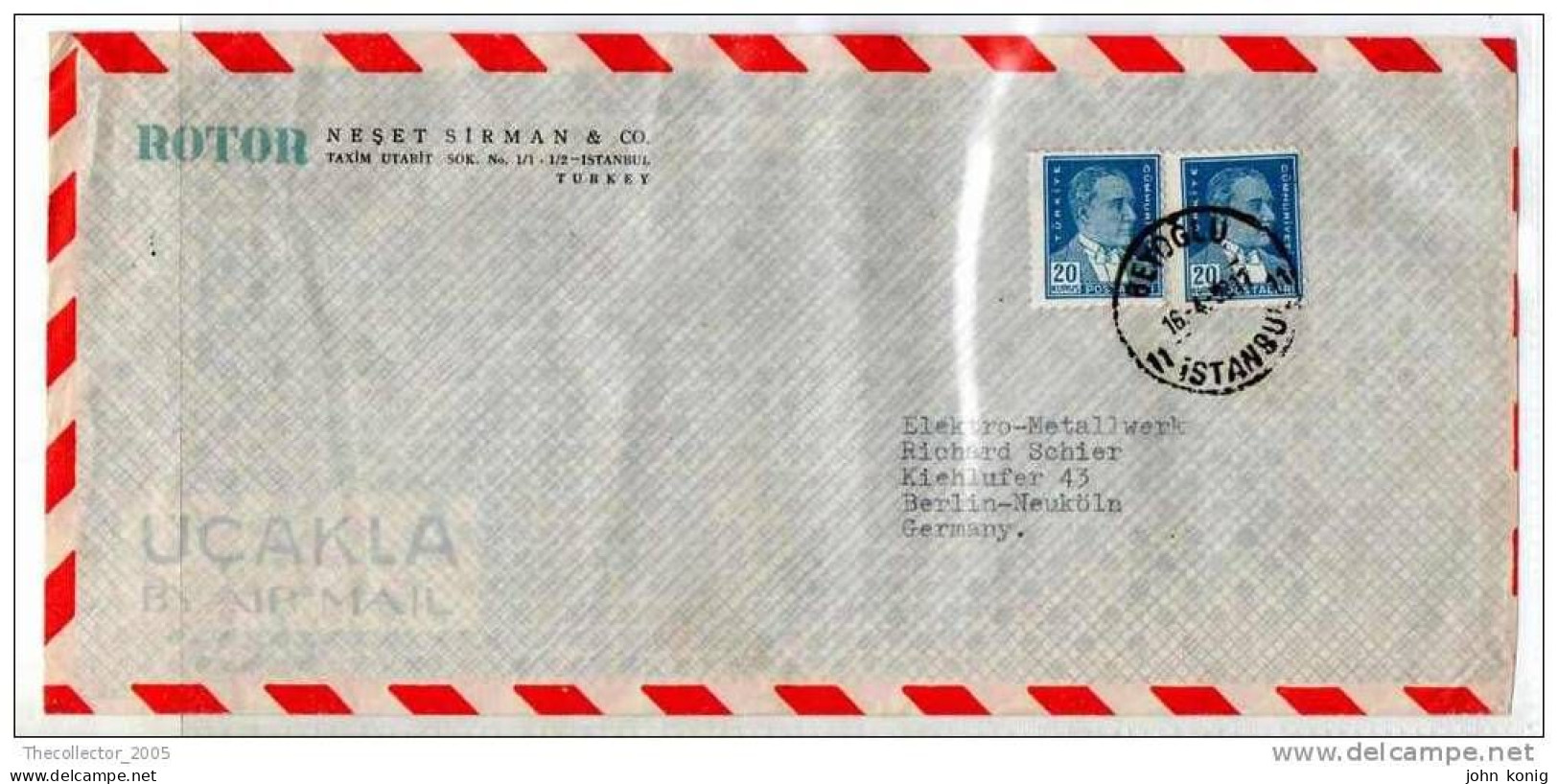 LETTERA ANNI '50 DA TURCHIA A GERMANIA (BERLINO) - LETTER (OF '50s) FROM TURKEY TO GERMANY-BERLIN - FDC