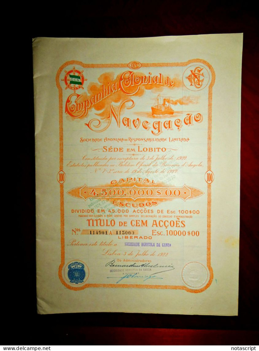 COMPANHIA COLONIAL  DE NAVEGAÇAO SA ,Lobito (Portuguese Angola)    1922 share Certificate - Navy