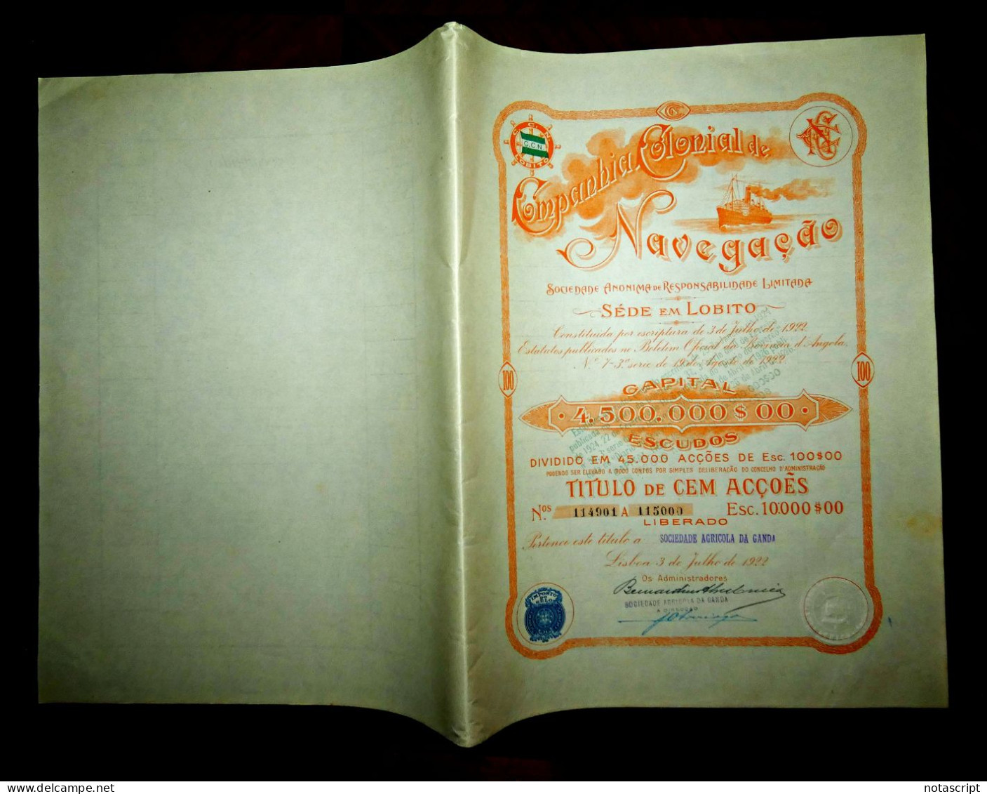 COMPANHIA COLONIAL  DE NAVEGAÇAO SA ,Lobito (Portuguese Angola)    1922 share Certificate - Navigazione