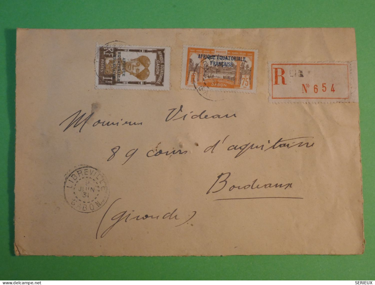 AU0 GABON AEF   BELLE  LETTRE RECO   1931  LIBREVILLE  A  BORDEAUX  FRANCE   ++AFF.  INTERESSANT+++ - Lettres & Documents