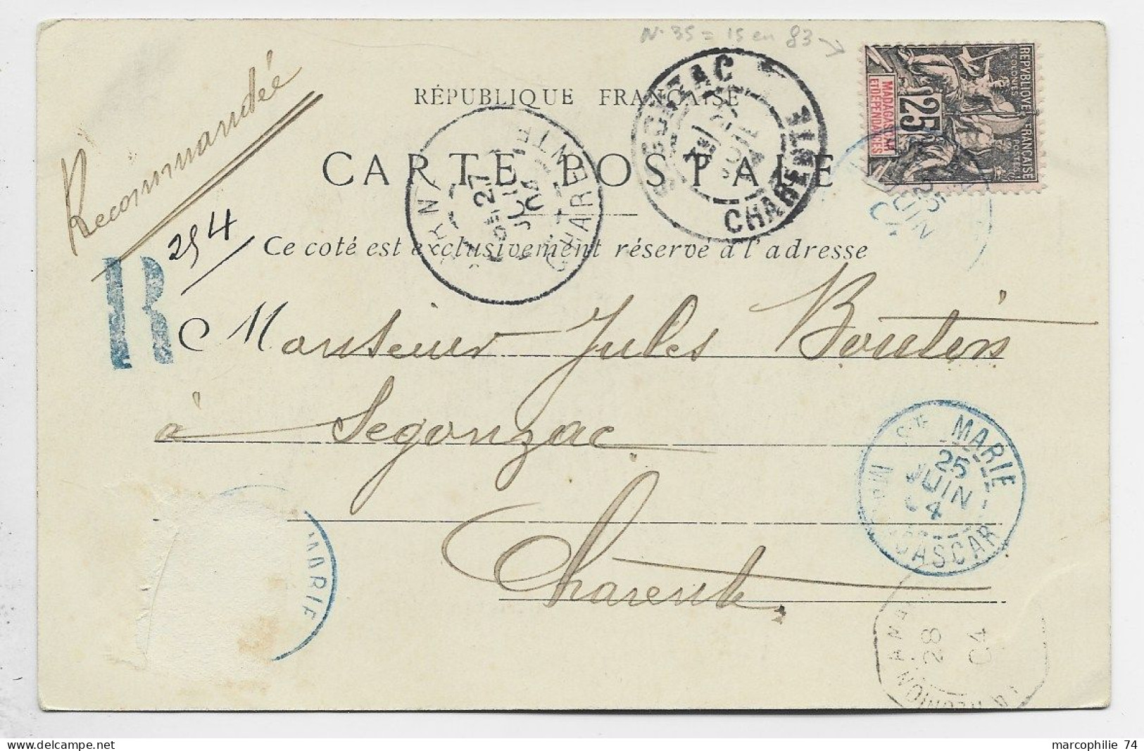 MADAGASCAR 25C GROUPE MANQUE UN TIMBRE CARTE REC STE MARIE 25 JUIN 1904 PRISON CENTRALE - Storia Postale