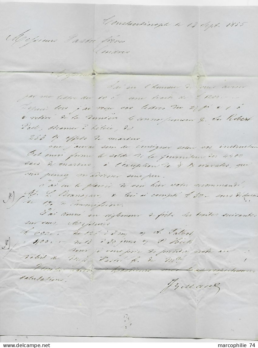 TURQUIE CONSTANTINOPLE 13 SEPT 1855 LETTRE COVER TAXE 4 MANUSCRITE POUR LONDON LONDRES - ...-1858 Préphilatélie