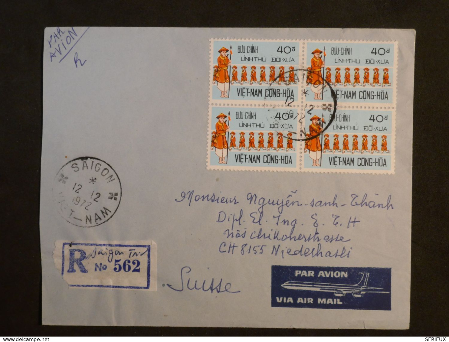 AX0  VIETNAM  BELLE  LETTRE  CONG HOA 1931  PAR AVION SAIGON A NIEDERHASLI SUISSE +BLOC DE 4 TP 40  +AFF.  INTERESSANT + - Vietnam