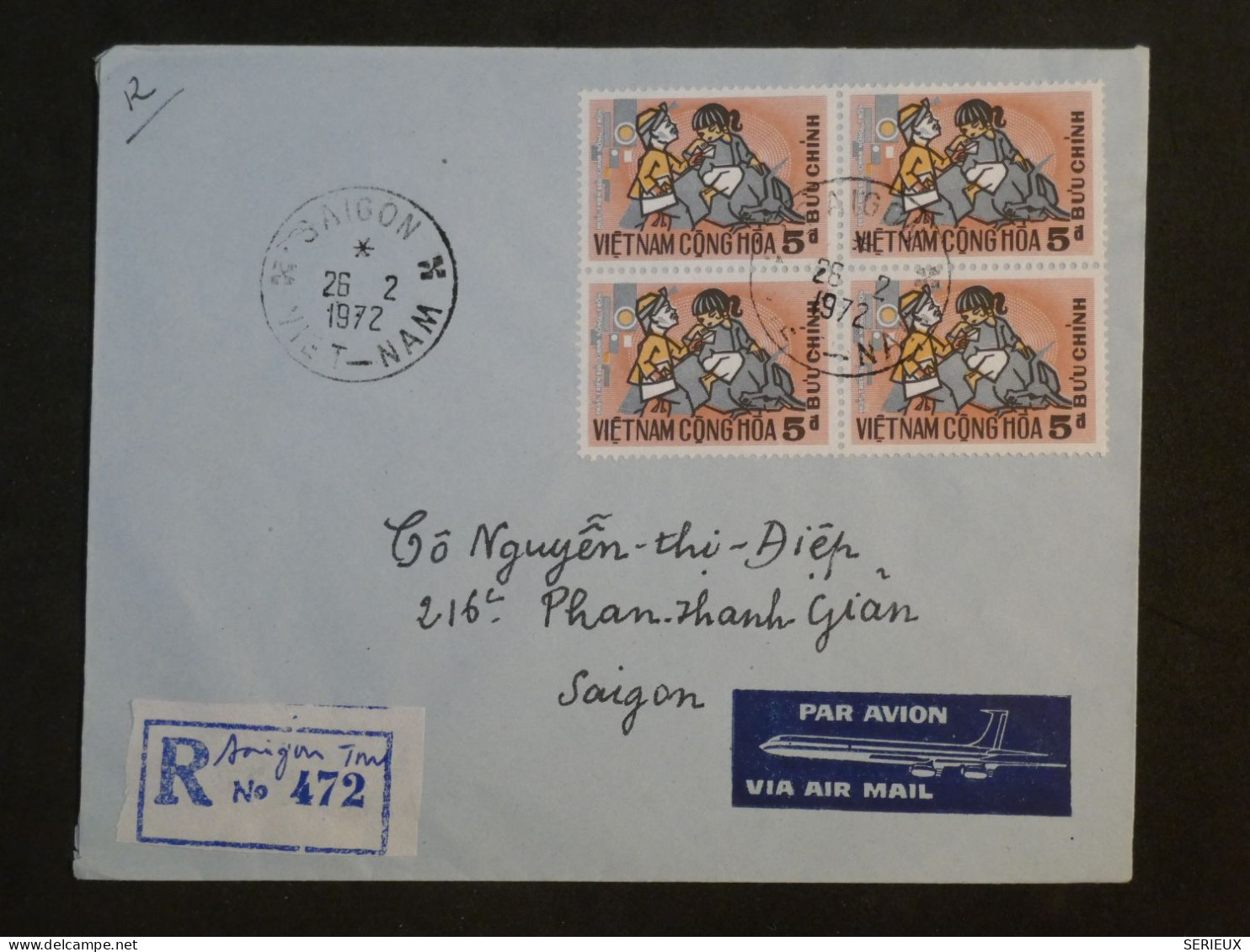 AX0  VIETNAM CONG HOA  BELLE  LETTRE  RECO 1972  PAR AVION SAIGON +BLOC DE 4 TP + + + - Viêt-Nam