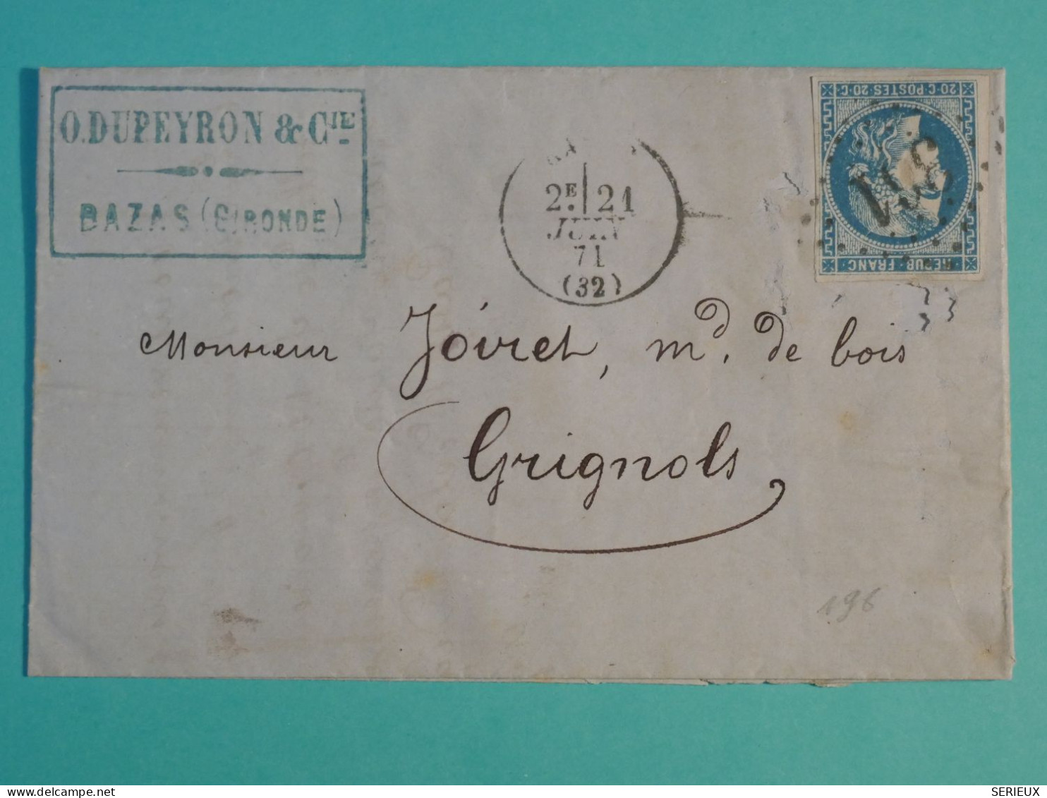 DI 2  FRANCE  BELLE  LETTRE 1871 BAZAS +  EMISSION DE  CERES BORDEAUX  +AFF . INTERESSANT+ + - 1849-1876: Période Classique