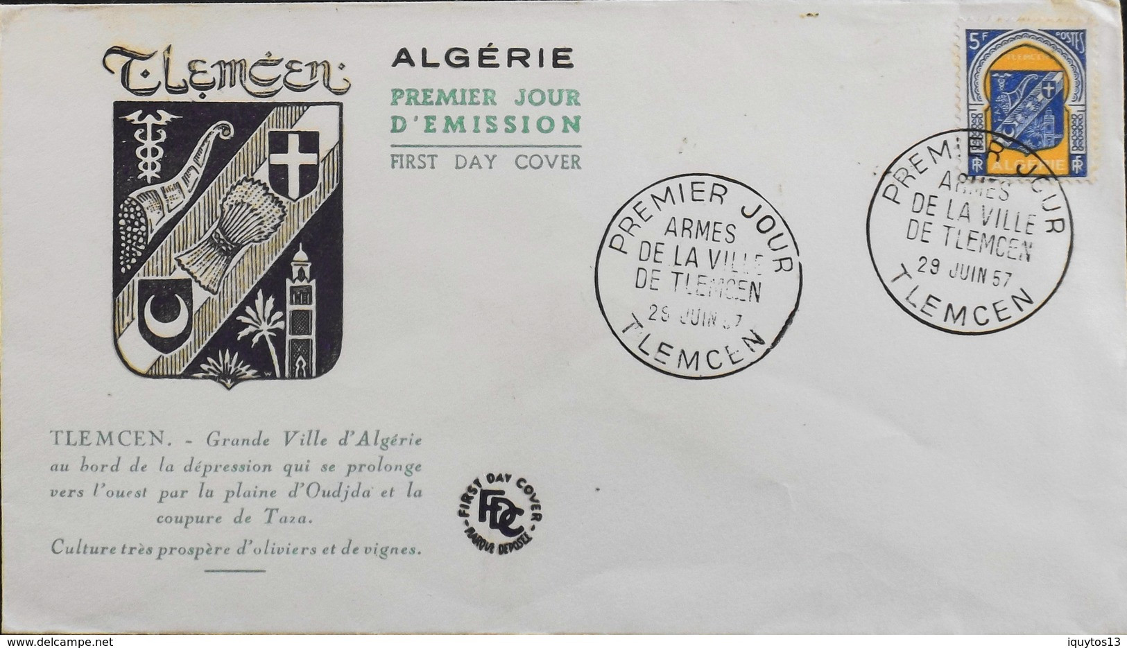 Enveloppe 1er Jour ALGERIE 1957 - TLEMCEN - Affr. N° 337C Y & T - Daté Le 29.6.1957 -TBE - FDC