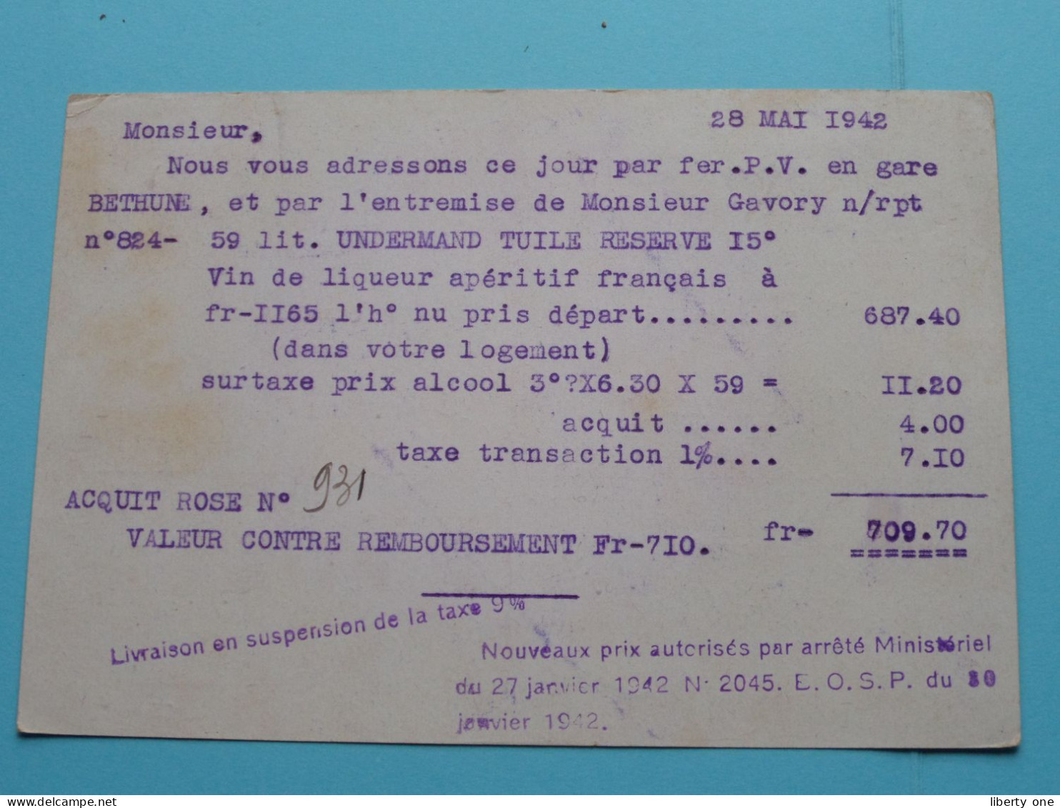 Maison LABARTHE FRONTIGNAN France Anno 1942 ( Voir Scans ) ORDRE / Fact. à Mannessier Bethune ! - Marchands