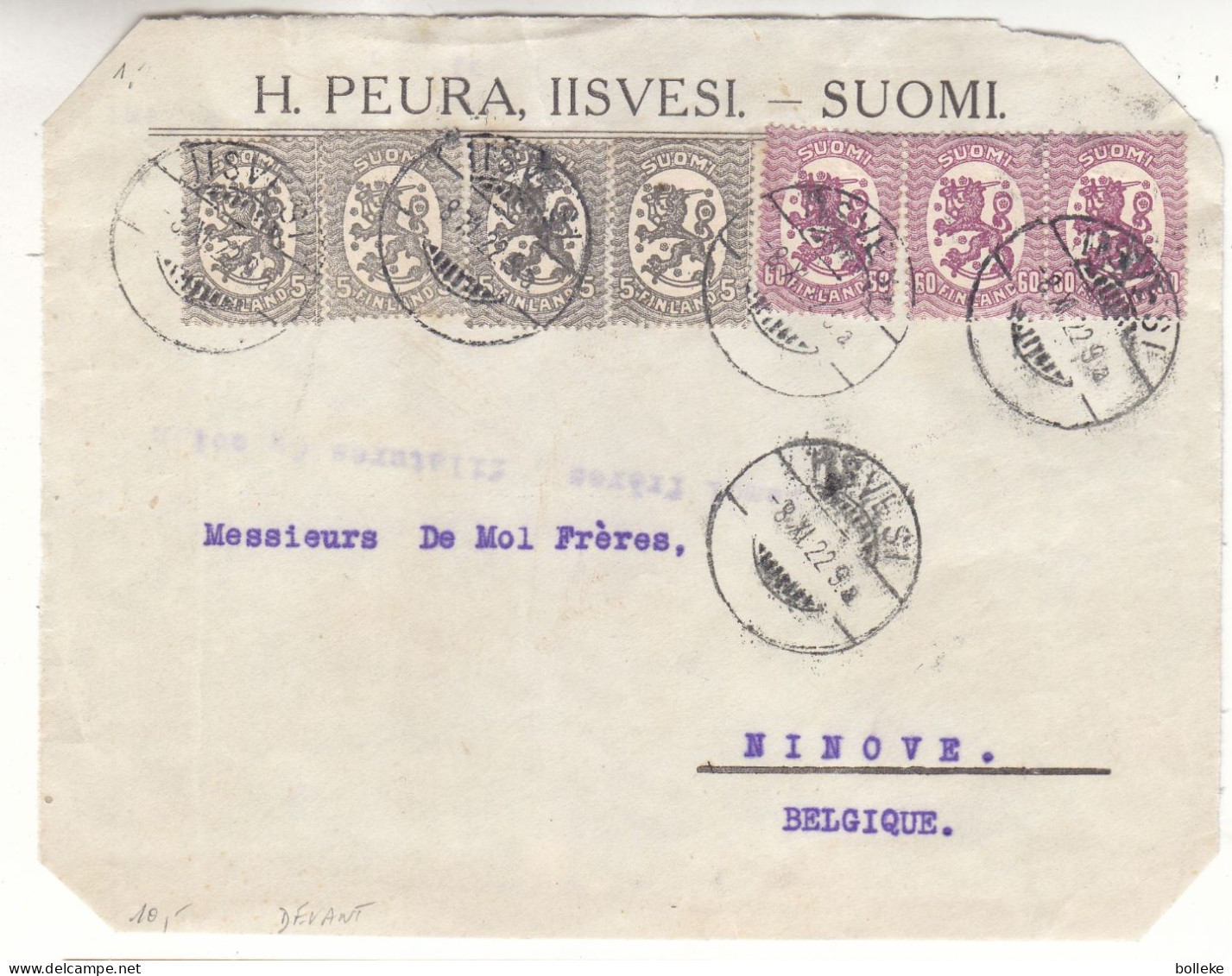 Finlande - Devant De Lettre De 1922 - Oblit IIsvesl - Exp Vers Ninove - - Briefe U. Dokumente