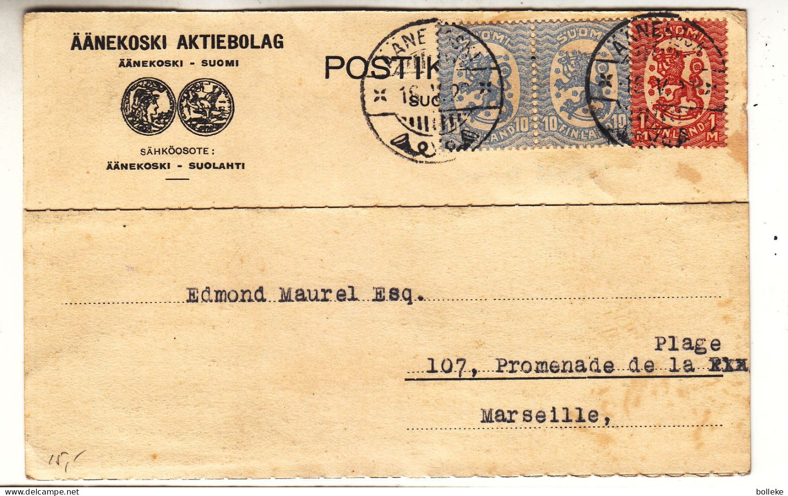 Finlande - Carte Postale De 1928 - Oblit Äänekoski - Exp Vers Marseille - - Briefe U. Dokumente