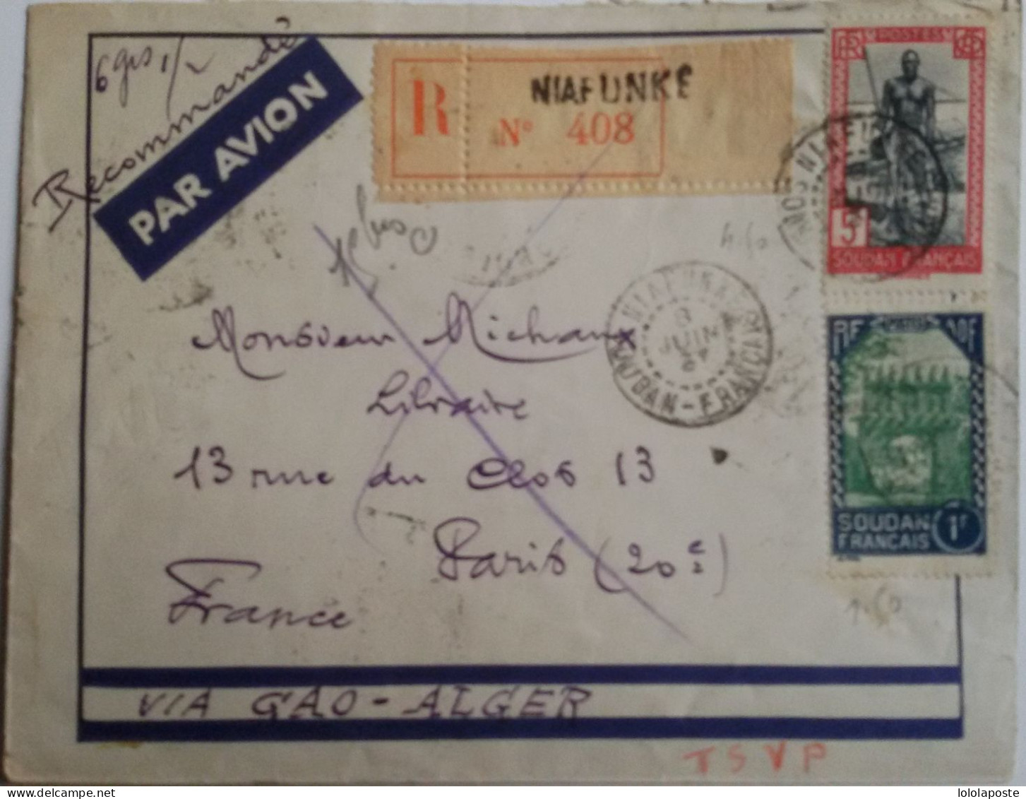 SOUDAN - Lettre Recommandée (enveloppe Ouverte) De 1937 Expédiée Pour La France De NIAFUNKE -Nombreux Cachets - Brieven En Documenten