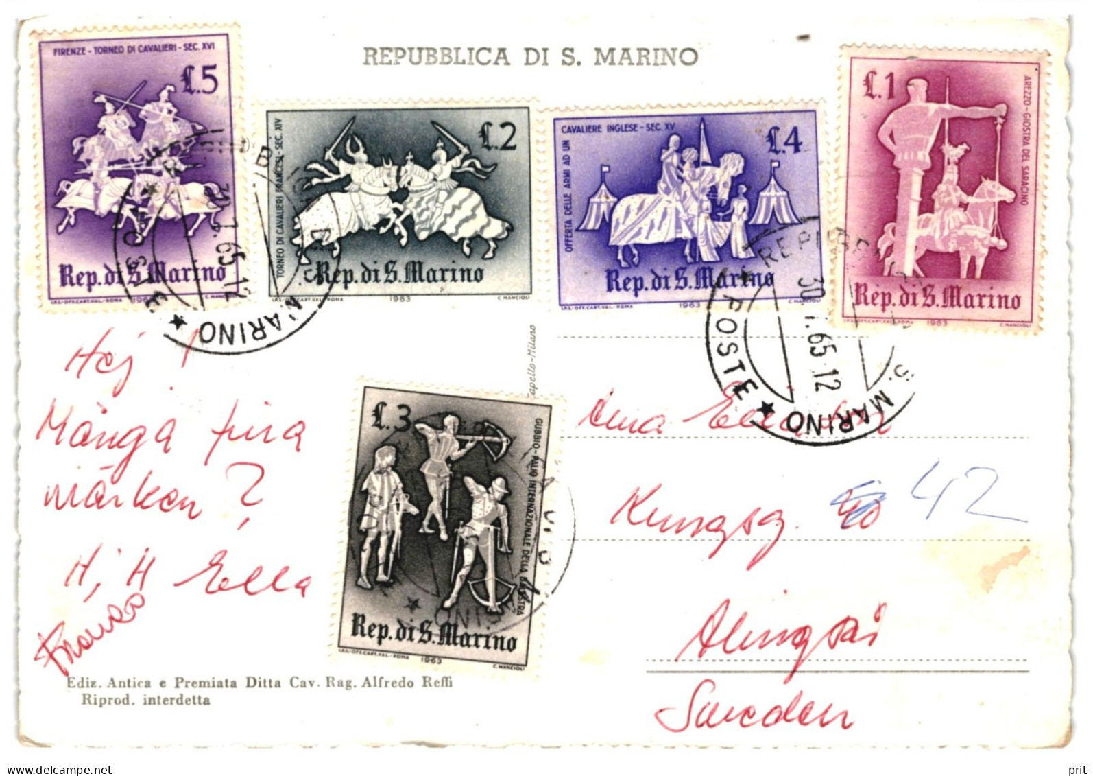 San Marino 1965 Used Postcard To Sweden, Medieval Tournaments Stamps 1963, Nice Postmarks, Fortress Of Guaita Postcard - Cartas & Documentos