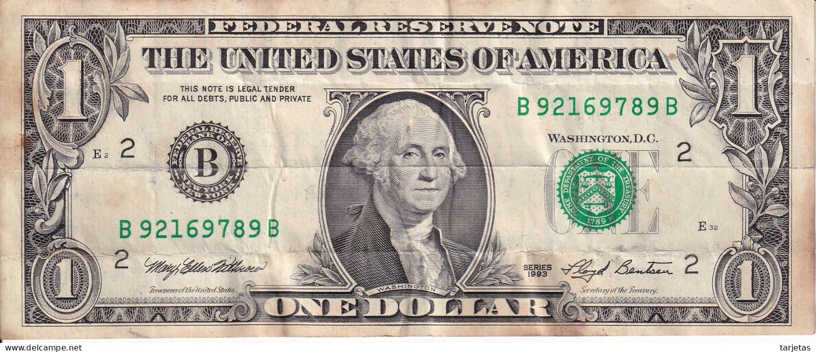 BILLETE DE ESTADOS UNIDOS DE 1 DOLLAR DEL AÑO 1993 LETRA B - NEW YORK  (BANK NOTE) - Bilglietti Della Riserva Federale (1928-...)