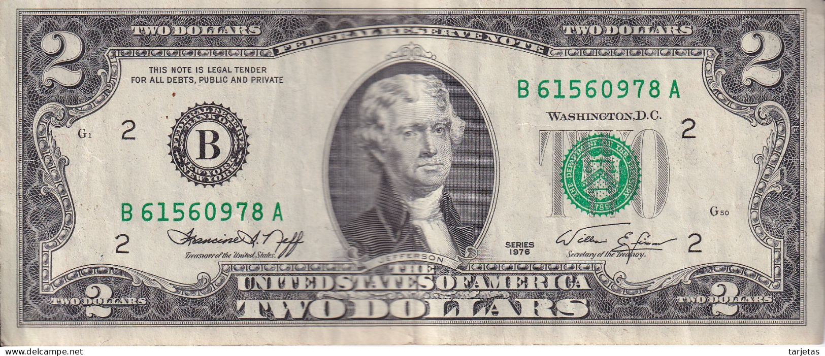 BILLETE DE ESTADOS UNIDOS DE 2 DOLLARS DEL AÑO 1976 LETRA B - NEW YORK  (BANK NOTE) - Federal Reserve Notes (1928-...)