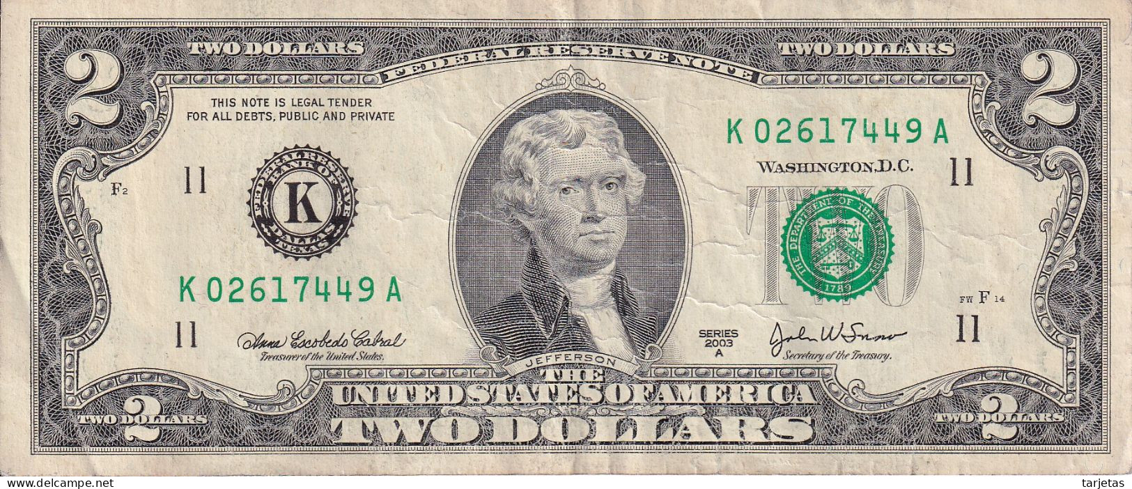 BILLETE DE ESTADOS UNIDOS DE 2 DOLLARS DEL AÑO 2003 LETRA K - DALLAS  (BANK NOTE) - Federal Reserve (1928-...)