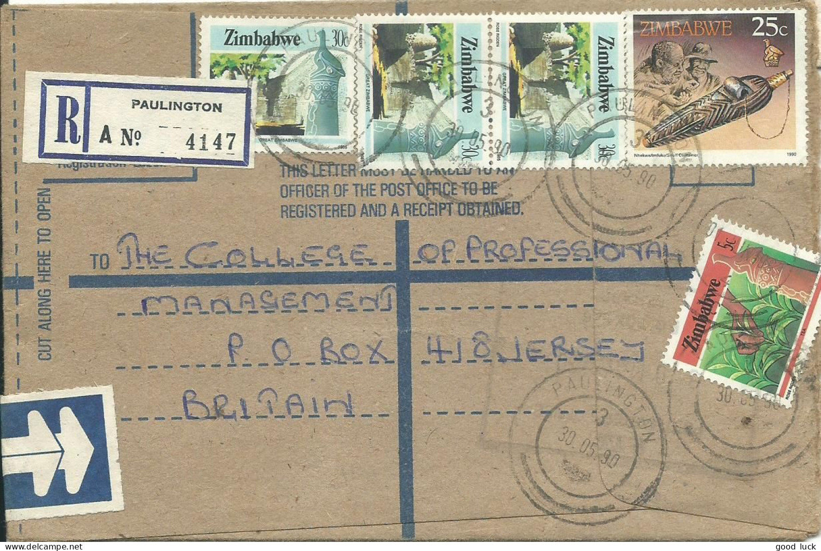 ZIMBABWE LETTRE RECOMMANDEE 170c  PAULINGTON POUR JERSEY  LETTRE COVER - Zimbabwe (1980-...)