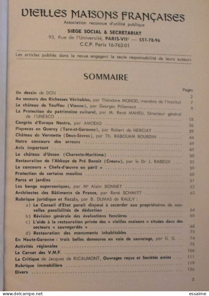 Lot De 4 Numéros De La Revue "vieilles Maisons Françaises" 1970-1971. Clermont Merville Raray Touffou Usson Blanquefort - Tourism & Regions