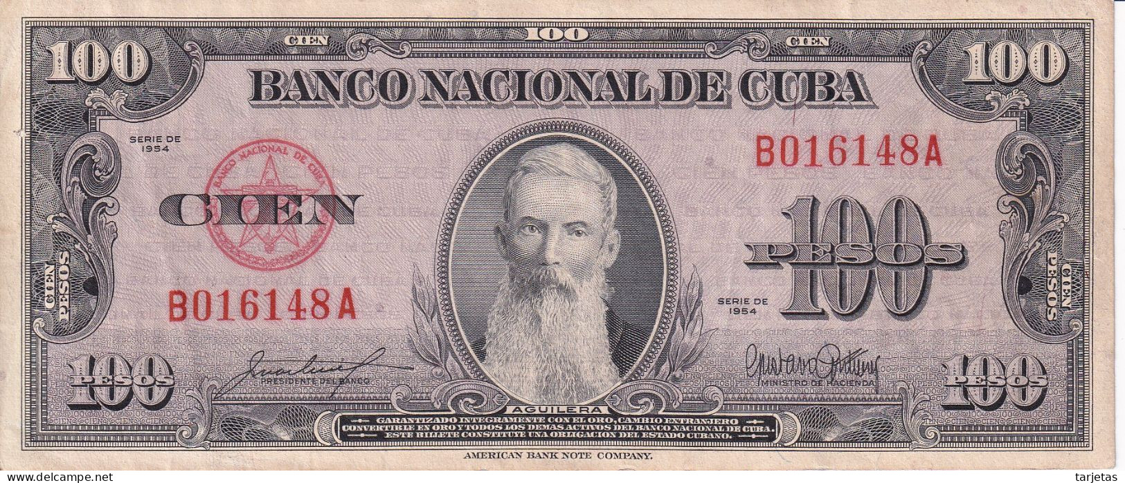 BILLETE DE CUBA DE 100 PESOS DEL AÑO 1954 DE AGUILERA  (BANKNOTE) - Cuba