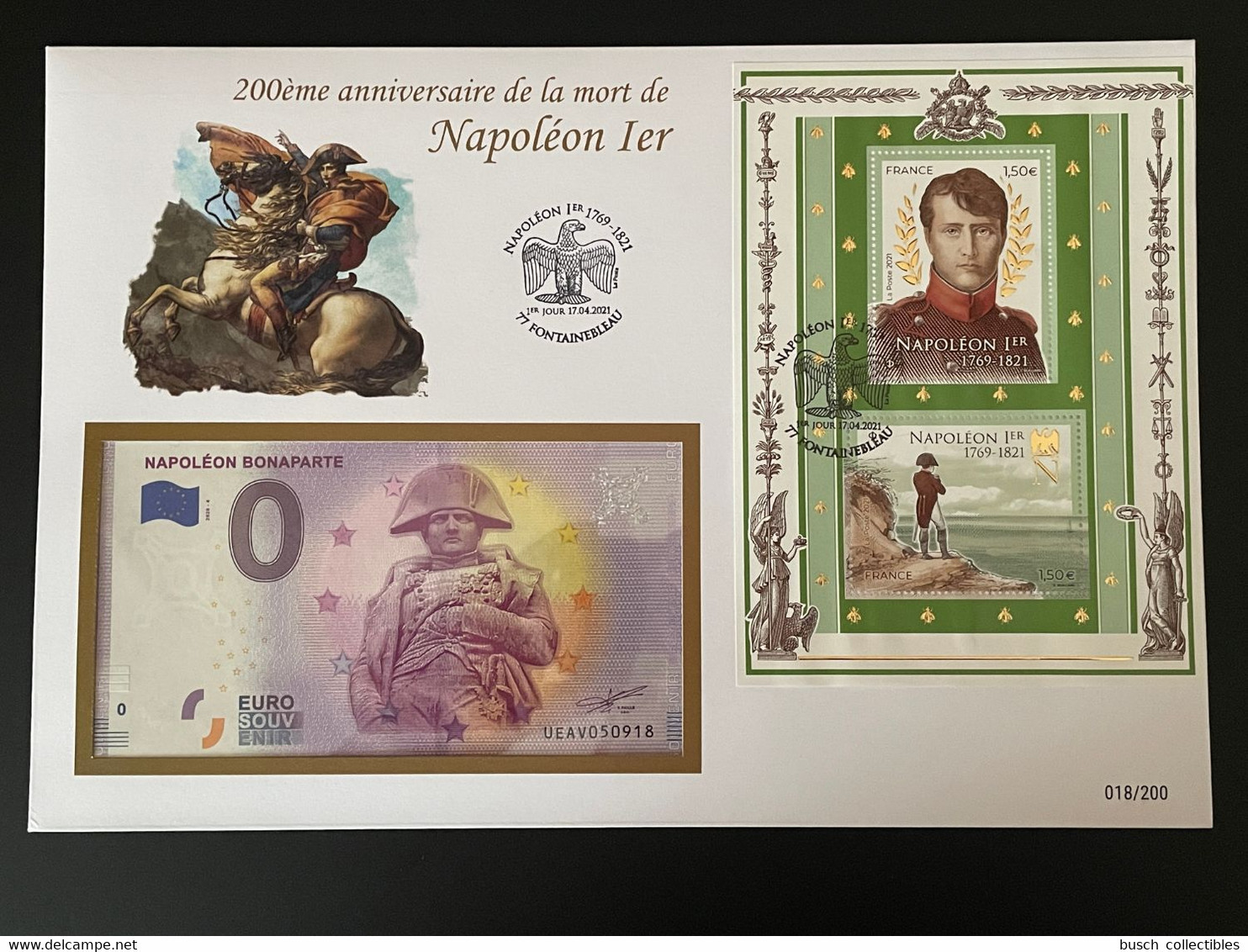 Euro Souvenir Banknote Cover France Napoléon 1er Bonaparte 2021 Fontainebleau Bloc Block Banknotenbrief - Oblitérés