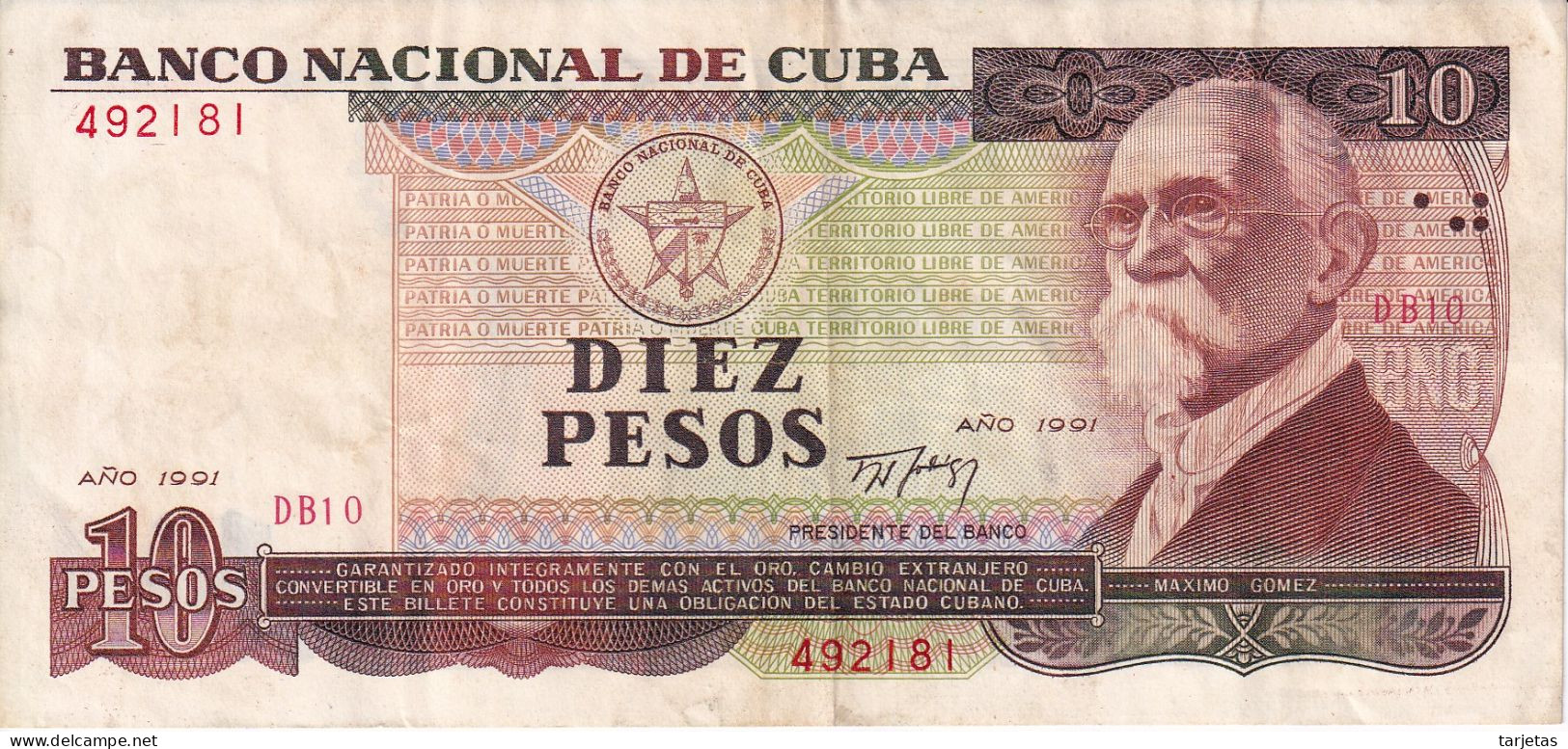 BILLETE DE CUBA DE 10 PESOS DEL AÑO 1991 (BANKNOTE) MAXIMO GOMEZ - Cuba