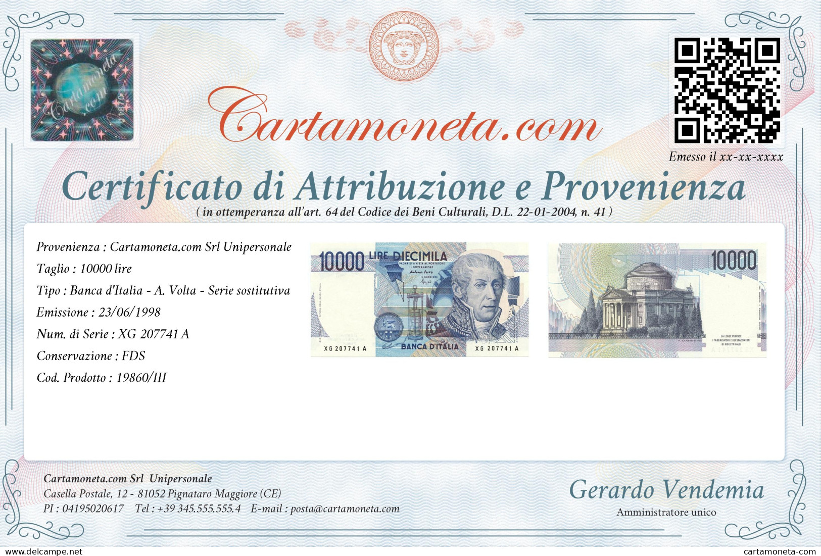 10000 LIRE B. D'ITALIA ALESSANDRO VOLTA SERIE SOSTITUTIVA XG 23/06/1998 FDS - Altri & Non Classificati