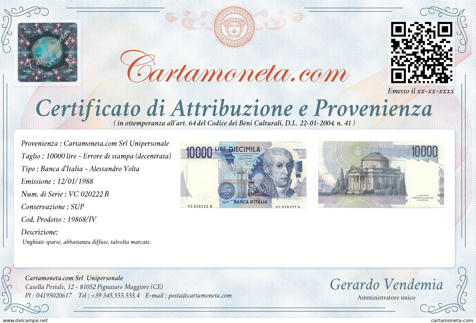 10000 LIRE ERRORE DI STAMPA DECENTRATA ALESSANDRO VOLTA LETTERA C 12/01/1988 SUP - Altri & Non Classificati