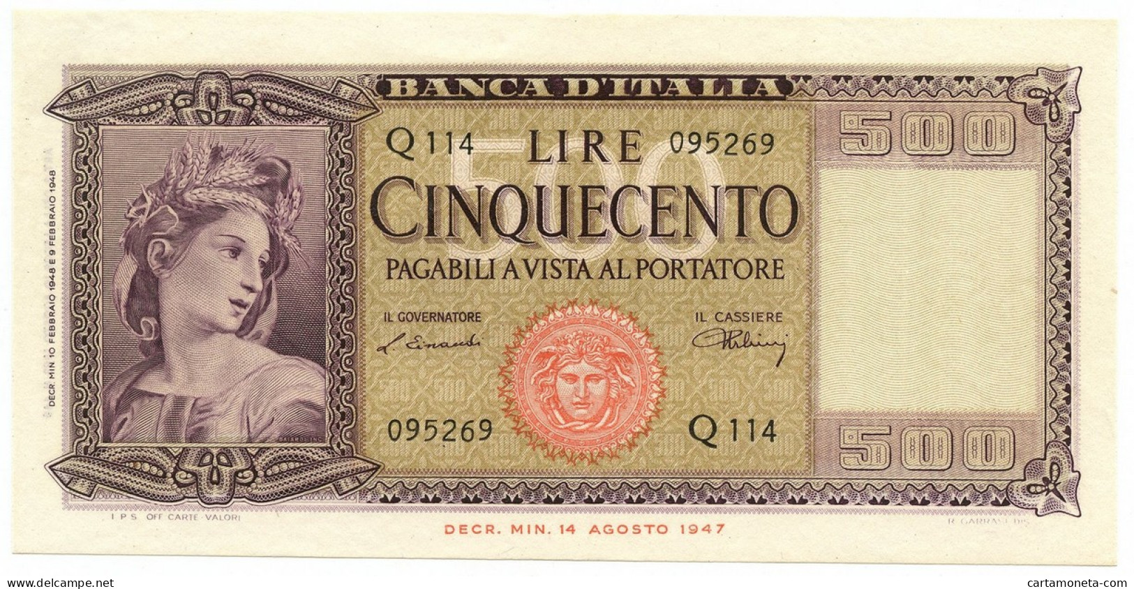 500 LIRE ITALIA ORNATA DI SPIGHE MEDUSA 10/02/1948 SUP+ - Altri & Non Classificati