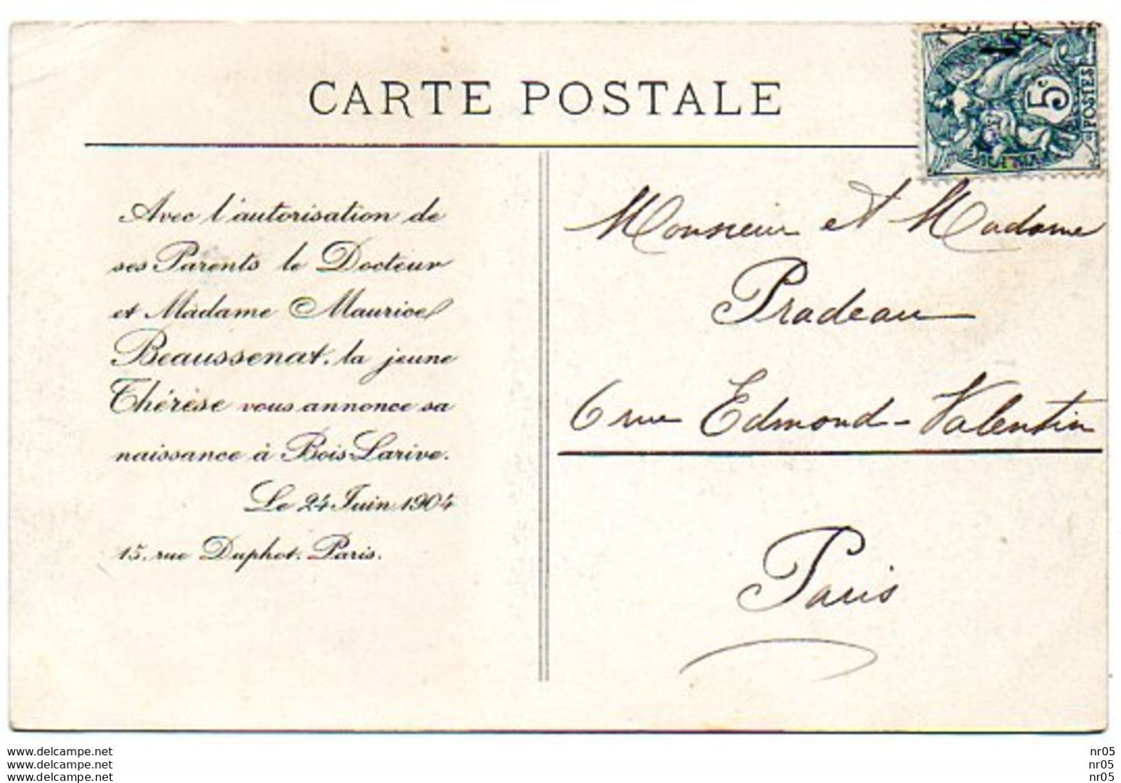 FAIRE PART De NAISSANCE  Famille BEAUSSENAT Maurice ( Docteur ) -  24 Juin 1904 A Bois Larive  PARIS - Naissance & Baptême