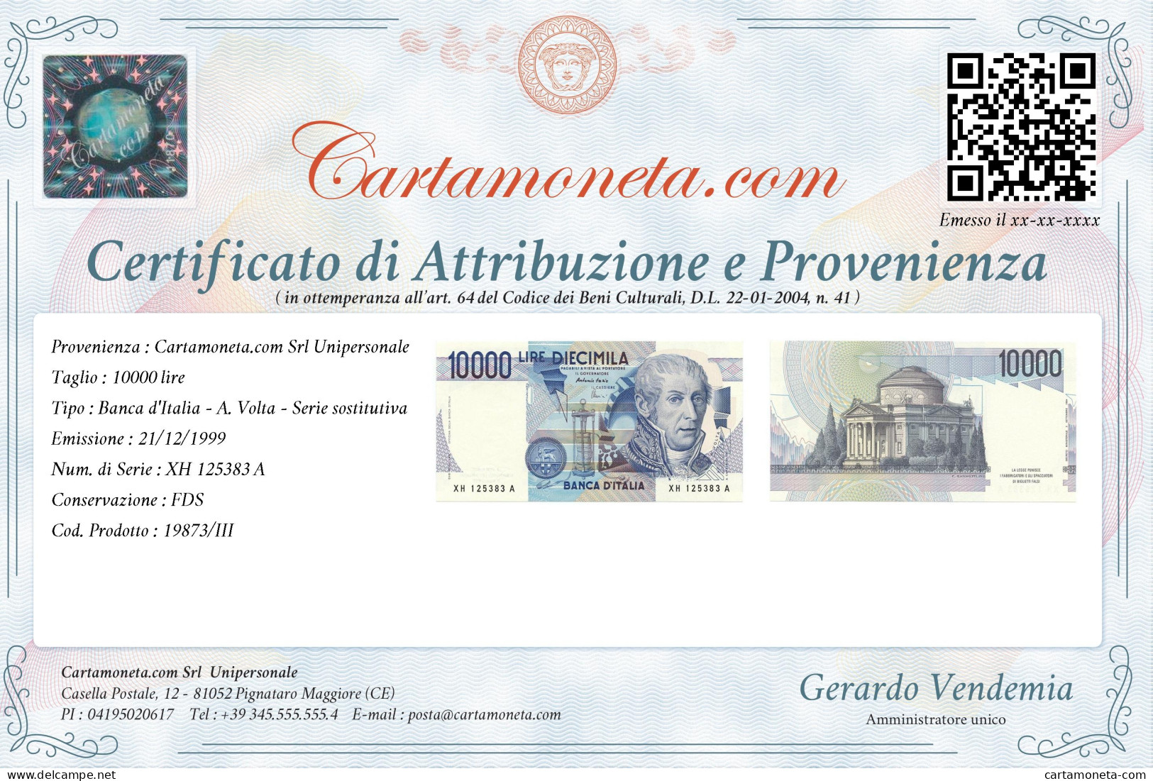 10000 LIRE B. D'ITALIA ALESSANDRO VOLTA SERIE SOSTITUTIVA XH 21/12/1999 FDS - Altri & Non Classificati