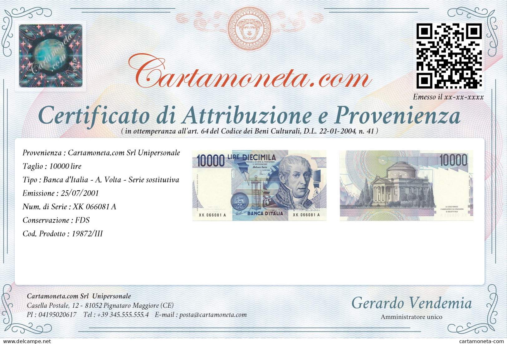 10000 LIRE B. D'ITALIA ALESSANDRO VOLTA SERIE SOSTITUTIVA XK 25/07/2001 FDS - Altri & Non Classificati