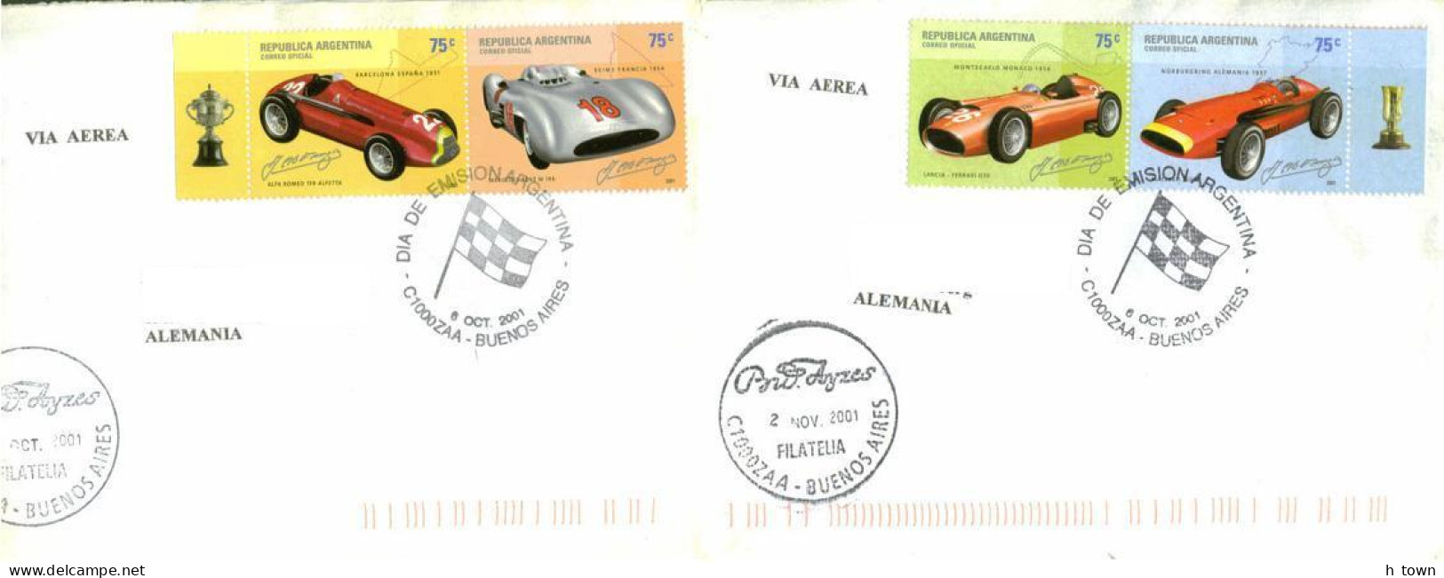 622  Bolides Alfa Romeo Mercedes Lancia Ferrari Maserati: Env. 1er Jour Voyagées. Argentine 2001 - Racing Car Set FDCs - Storia Postale