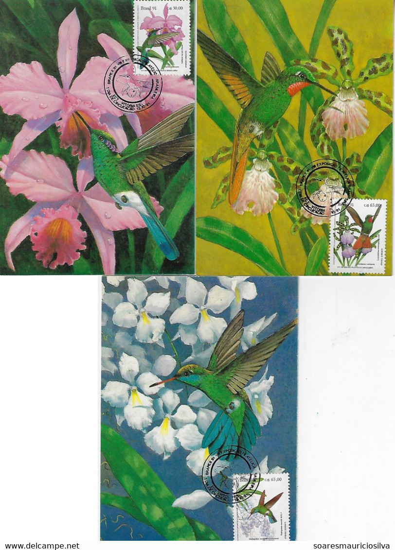 Brazil 1991 Complete Series 3 Official Maximum Card Brapex Exhibition Animal Fauna Bird Hummingbird Flower Orchid Flora - Hummingbirds