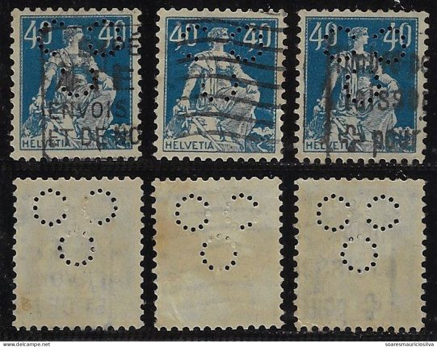 Switzerland 1911/1928 3 Stamp With Perfin 3 Circle By Credit Suisse Bank From Geneve Lochung Perfore - Perforadas