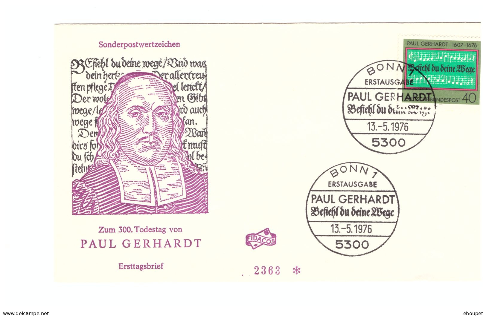 FDC BONN13 MAI 1976 PAUL GERHARD - Altri & Non Classificati