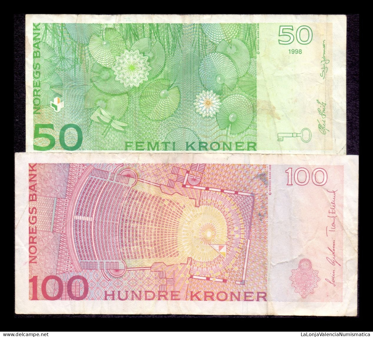 Noruega Norway Set 2 Banknotes 50 100 Kroner 1998 2003 Pick 46a 49a Bc F - Norwegen