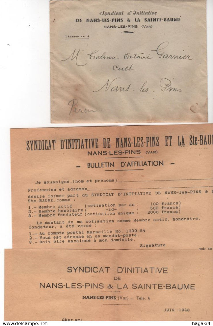 Document Du 83 : Syndicat D'Initiative De NANS-les-PINS & La Sainte-Baume - Enveloppe Et Courrier - 1948 - Nans-les-Pins