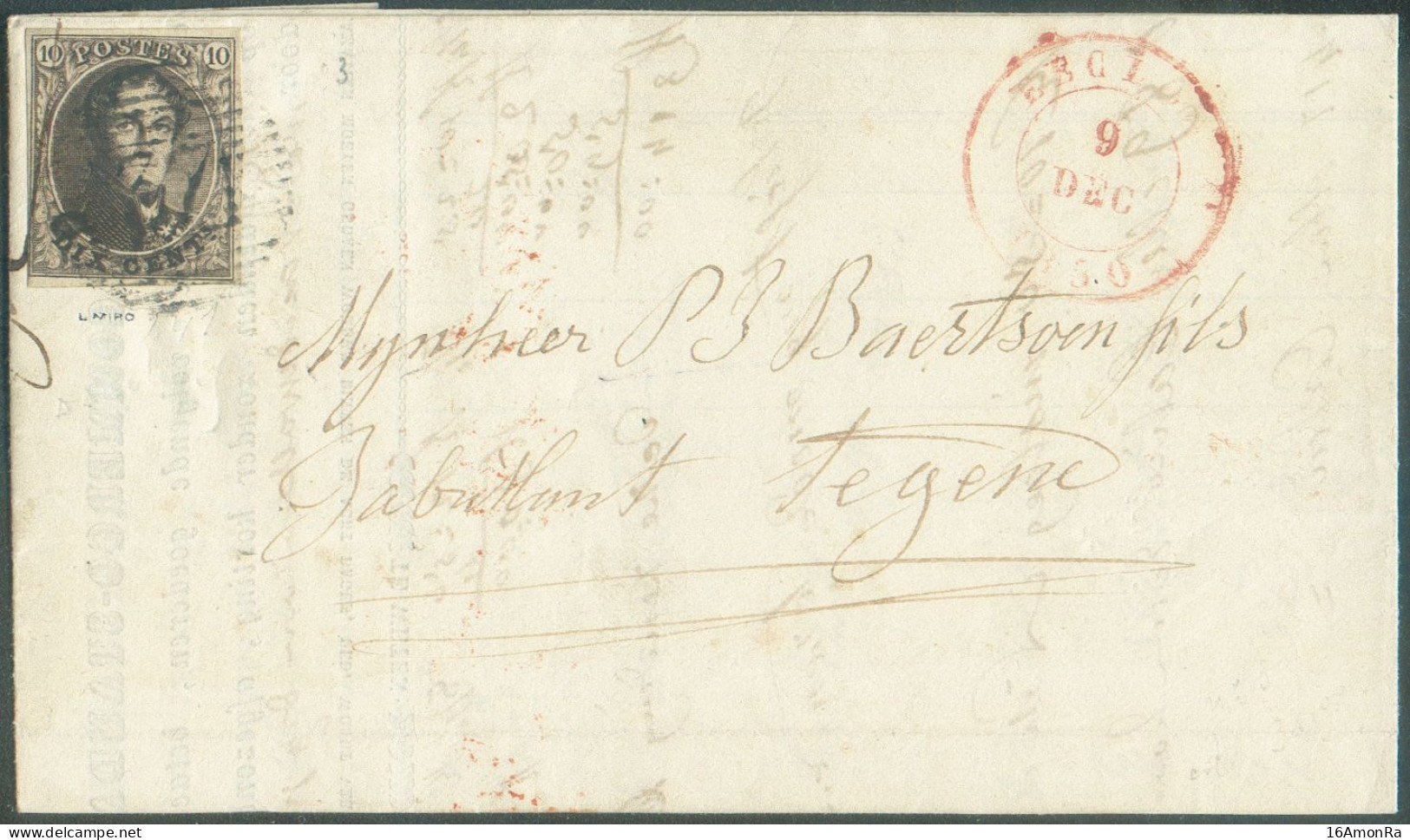 N°3 - Médaillon 10 Centimes Brun, Très Bien Margé, Obl. P.37 Sur Lettre D'EECLOO Le 9 Décembre 1850 Vers Gand. Signé Mir - 1849-1850 Medaillons (3/5)