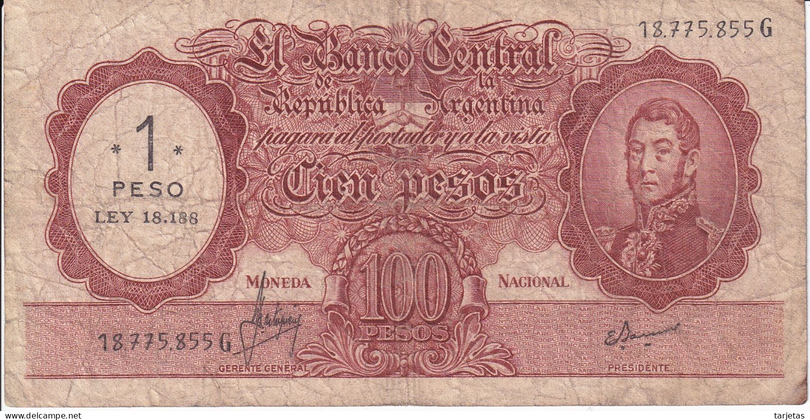 BILLETE DE ARGENTINA DE 100 PESOS RESELLADO 1 PESO LEY 18188 (BANKNOTE) - Argentina