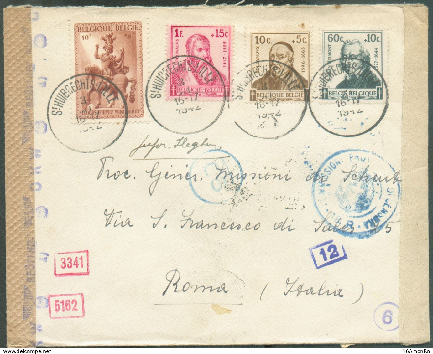 N°583-593-596/597 - Affr. SAVANTS Obl. Sc St-HUIBRECHTS-LILLE Sur Lettre (Missiewerken) Du 3-XI-42 Vers Rome + 2 Bandes - Guerra '40-'45 (Storia Postale)