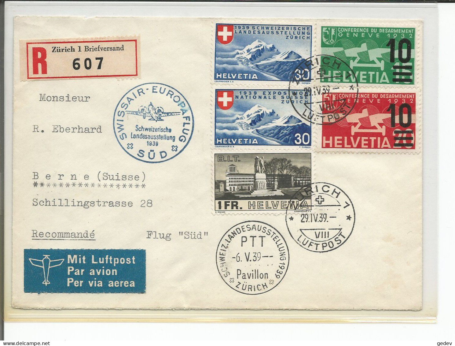 Lettre Aviation Recommandée 607, Swissair - Europaflug Süd 29.4.1939 (Expo Pavillon Zürich 6.5.1939) - Altri & Non Classificati