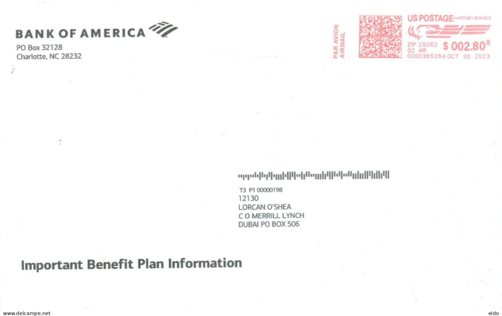 UNITED STATES  - 2023, POSTAL FRANKING MACHINE COVER TO DUBAI. - Lettres & Documents