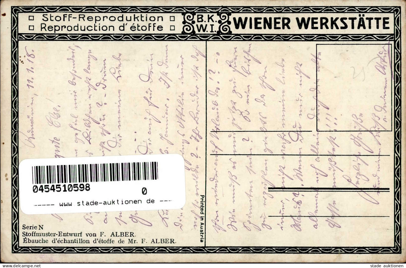 WIENER WERKSTÄTTE - Stoffmusterkarte Serie N Entwurg F. Alber I-II - Wiener Werkstätten