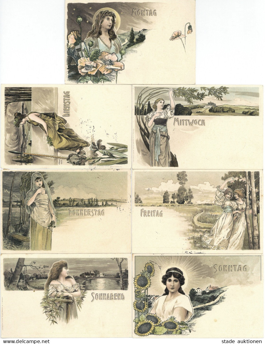 Jugendstil - Kpl. 7er-Serie WOCHENTAGE MONTAG-SONNTAG Künstler-Serie Sign. H.FRÜNDT 1899 I Art Nouveau - Other & Unclassified